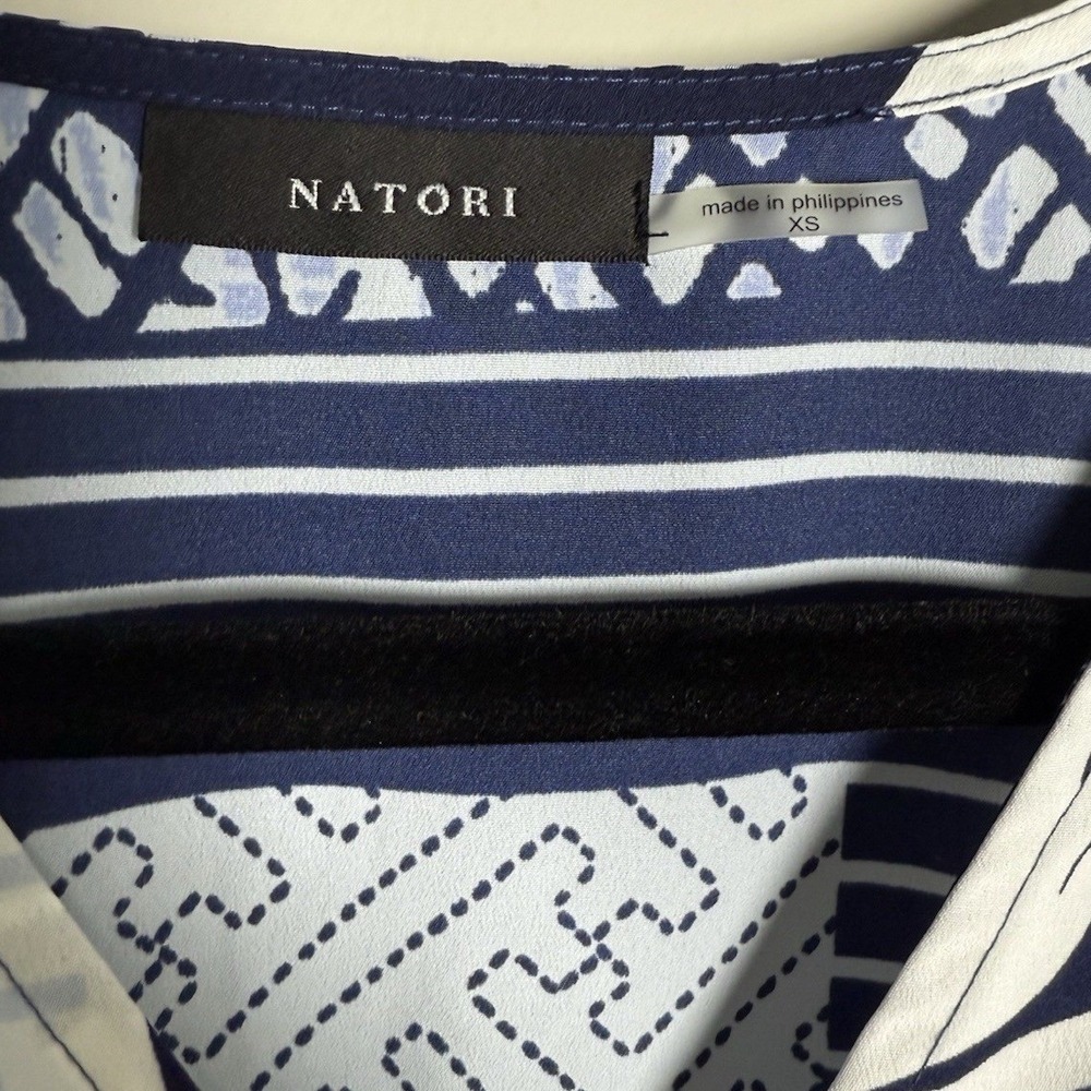 Natori Women Navy White Patchwork Floral Geometric Caftan Maxi Dress XS Pockets - Picture 4 of 7
